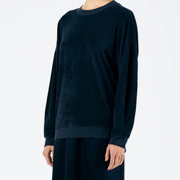 TIBI Summer Terry Crewneck Sweatshirt Women’s Size S Navy Ribbed Casual Top - Picture 1 of 10
